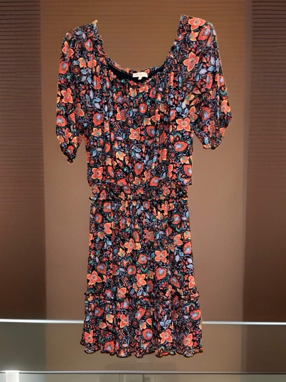 Joie de Vivre Floral Smocked Midi Dress in Coral and Blue-L-EC